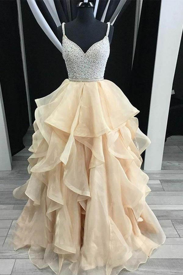 A-Line Straps Backless Tiered Organza Beaded Prom Dress US4 / Custom Color