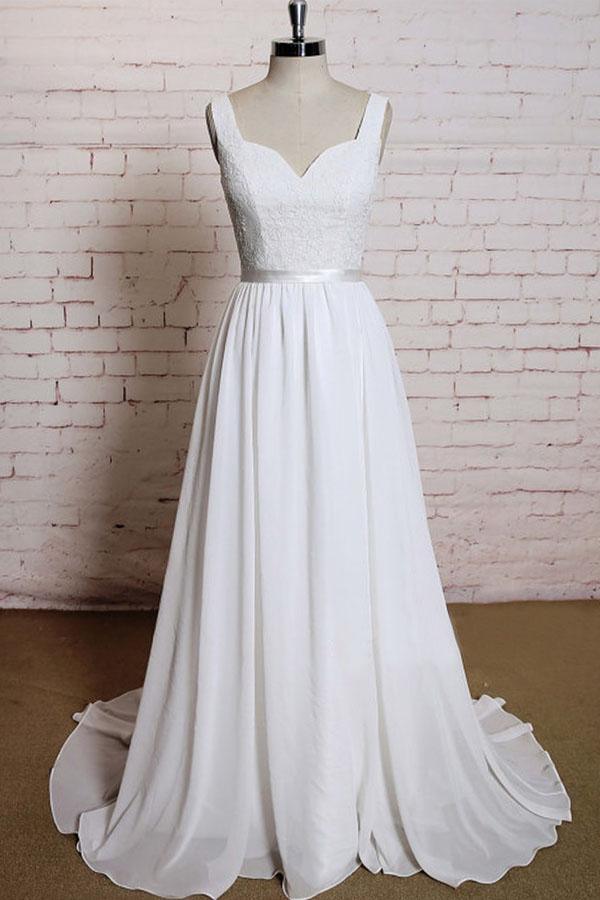 A-line Court Train Chiffon Backless Beach Wedding Dress WD172 Custom Size / White
