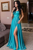 A-Line Straps Floor Length Turquoise Satin Prom Dress with Split PG684 - Pgmdress