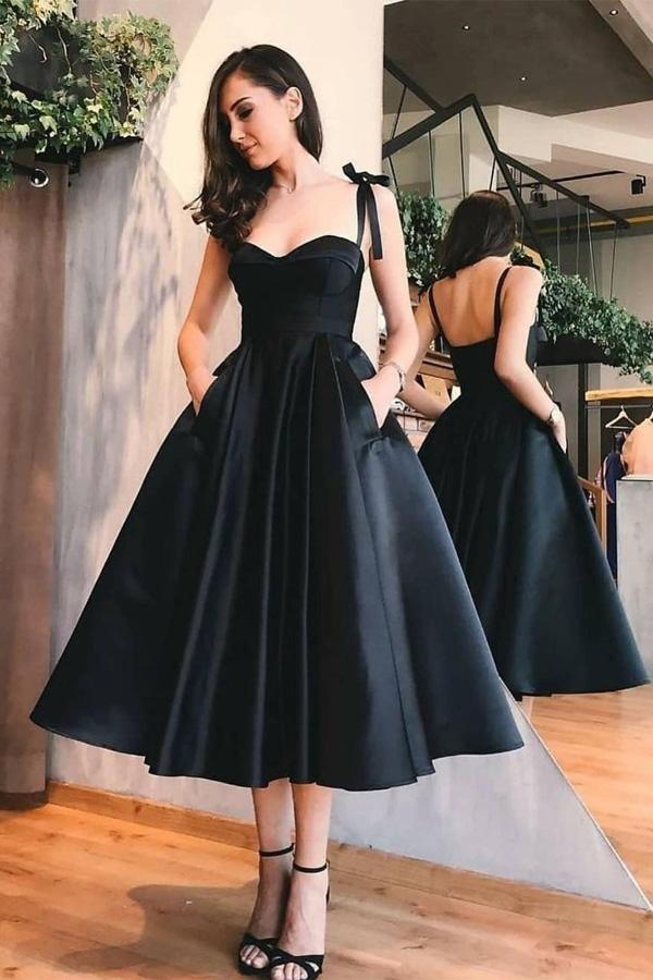 A-Line Straps Mid-Calf Black Satin Homecoming Dress with Pockets PD057 US2 / Black A-Line Straps Mid-Calf Black Satin Homecoming Dress with Pockets PD057 US2 / Black