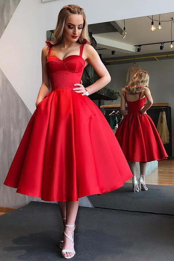A-Line Straps Mid-Calf Black Satin Homecoming Dress with Pockets PD057 - US0 / Red A-Line Straps Mid-Calf Black Satin Homecoming Dress with Pockets PD057 - US0 / Red