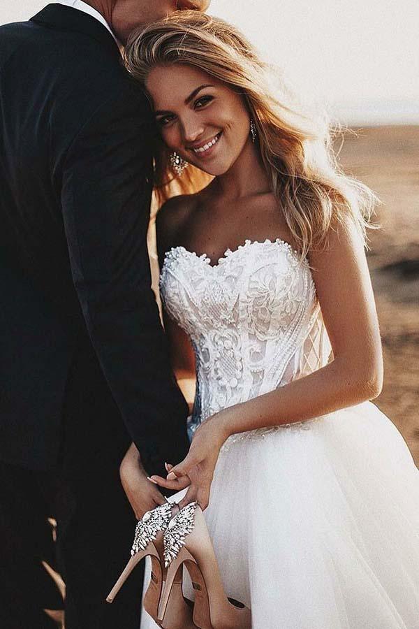 A-Line Sweetheart Court Train Tulle Wedding Dress with Appliques WD325 - Pgmdress