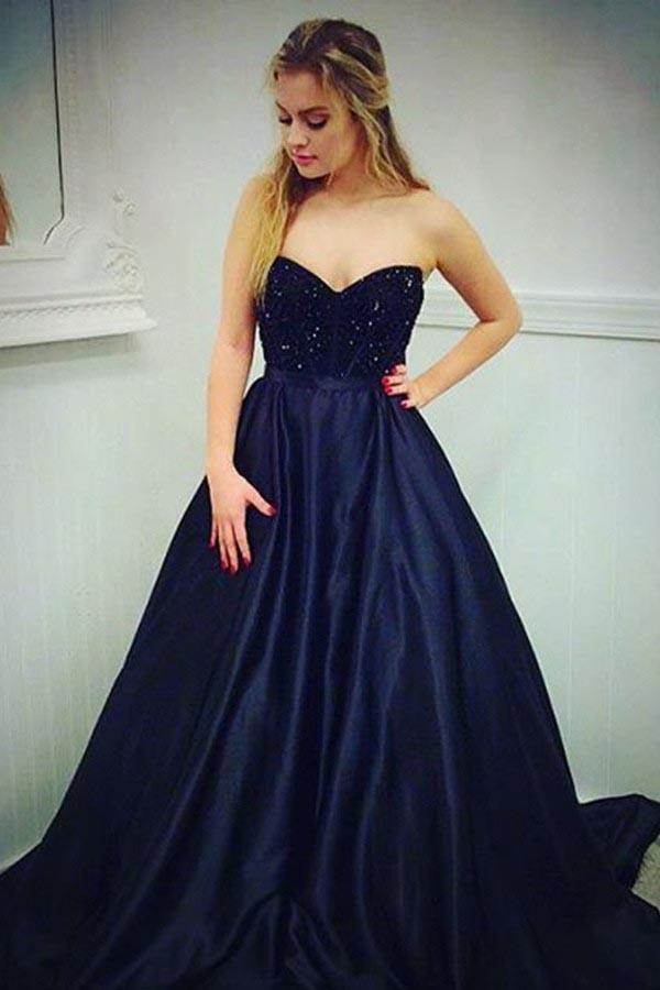 A-Line Sweetheart Navy Blue Satin Prom Dress with Beading PG573 - Pgmdress