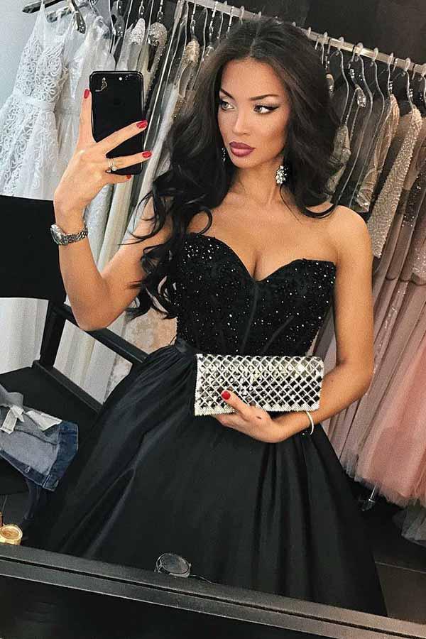 A-Line Sweetheart Navy Blue Satin Prom Dress with Beading PG573 - Pgmdress