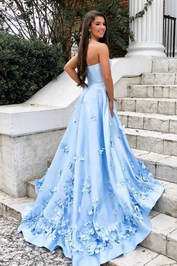 A-Line Sweetheart Sky Blue 3D Floral Applique Long Prom Dresses With Pocket PG988 - Pgmdress