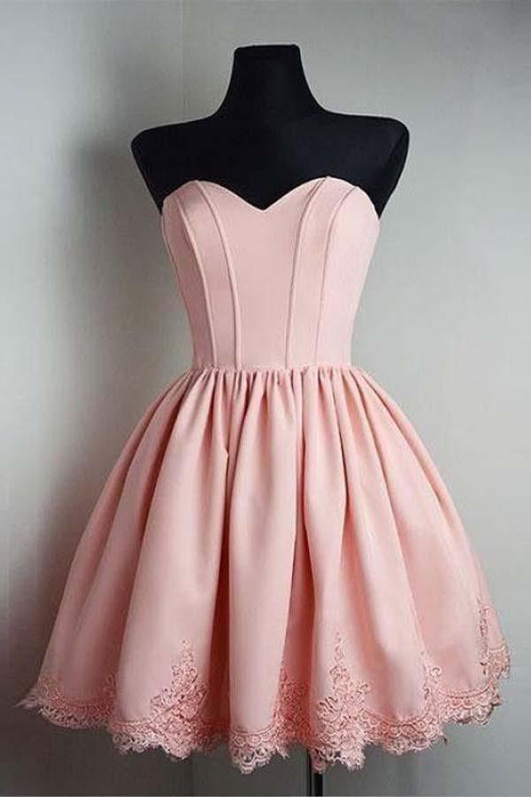 A-line Sweetheart Sleeveless Satin Homecoming Dresses With Lace Applique PD081 - Pgmdress