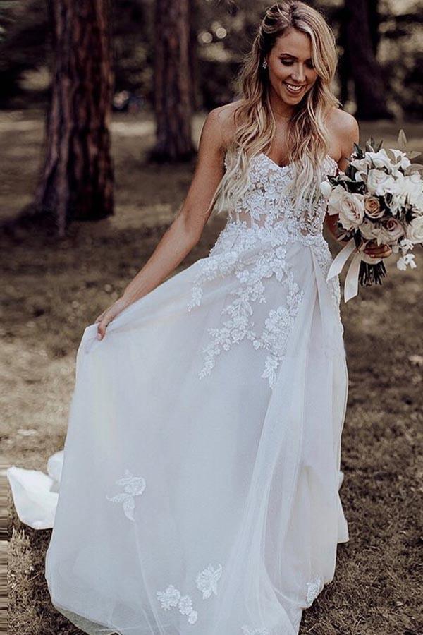slim fit dress slacks Sweetheart Sweep Train Rustic Wedding Dress with Appliques WD393 US6 / Ivory