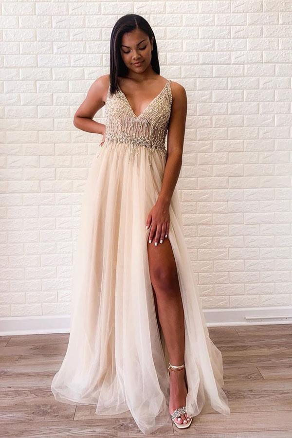 open lace back dress A-line Tulle Sexy Deep V Neck Side-Slit Beaded Prom Dress PSK012 – Pgmdress