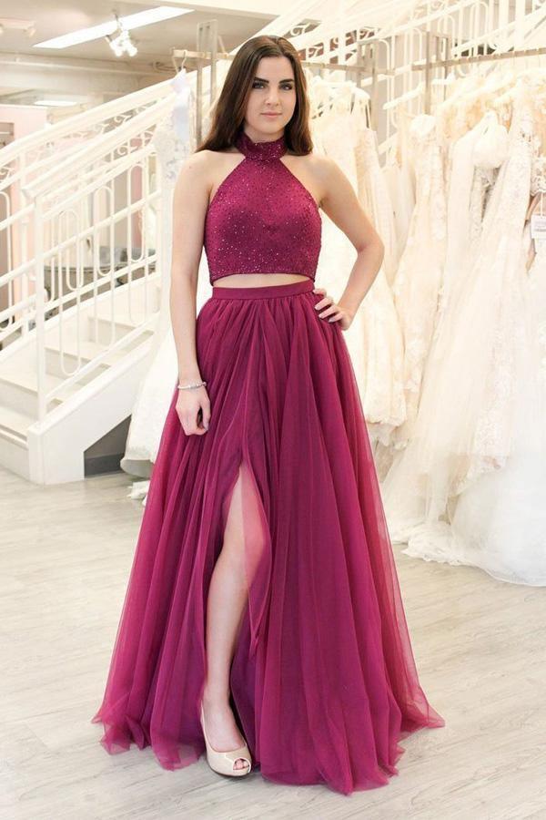 A-line Two Piece Fuchsia Prom Dress Split Tulle Evening Dress PSK219 US2 / Custom Color A-line Two Piece Fuchsia Prom Dress Split Tulle Evening Dress PSK219 US2 / Custom Color