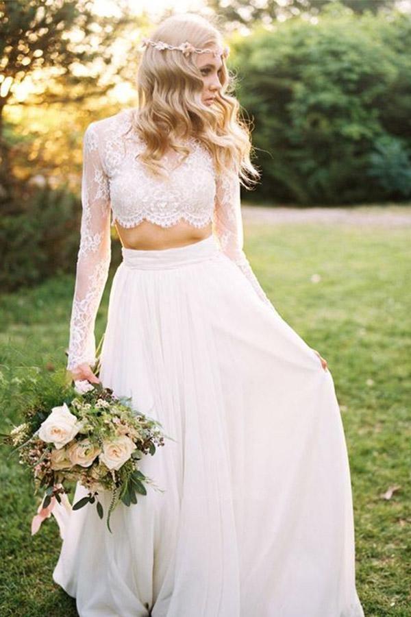 Two Piece Round Neck Long Sleeves Lace Beach Wedding Dress WD463 US16 / White Two Piece Round Neck Long Sleeves Lace Beach Wedding Dress WD463 US16 / White