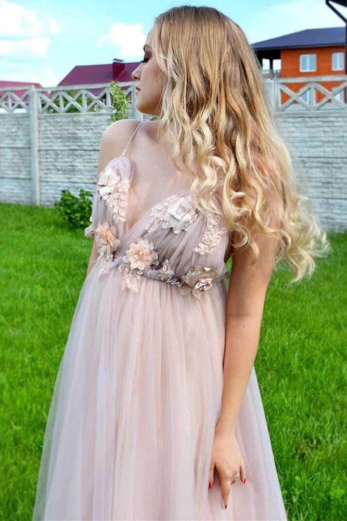 A-line V-neck 3D Flower Eleagnt Tulle Long Prom Dress PSK136 - Pgmdress