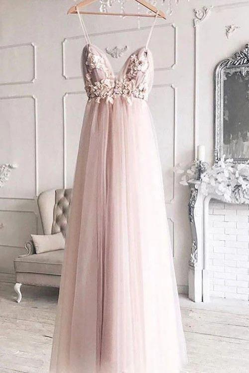 A-line V-neck 3D Flower Eleagnt Tulle Long Prom Dress PSK136 - Pgmdress