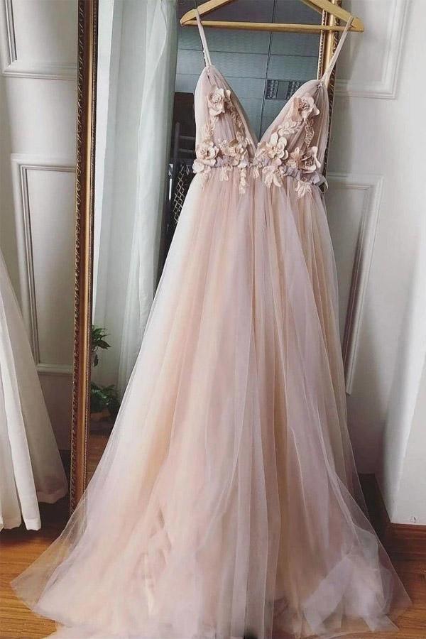 A-Line V-Neck 3D Flower Eleagnt Tulle Long Prom Dress-Pgmdress US18 / Pink