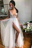 A Line V Neck Backless Beaded Tulle Ivory Wedding Dresses Bridal Gown WD437 - Pgmdress