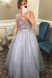 A-Linien-Kleid mit V-Ausschnitt und Perlenstickerei, bodenlang, grau, Abschlussball/formelles Kleid PG995