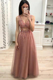 Rosa Ballkleider in A-Linie mit V-Ausschnitt und Perlenstickerei, langes Tüll-Abschlussballkleid PM201