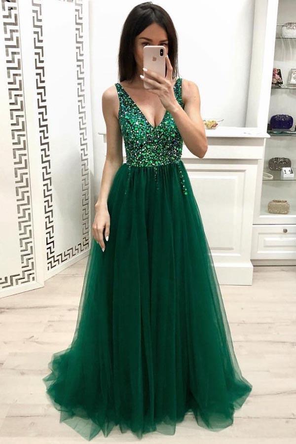 A Line V Neck Beading Prom Dresses Long Tulle Green Prom Dress PM200 - Custom Size / Green A Line V Neck Beading Prom Dresses Long Tulle Green Prom Dress PM200 - Custom Size / Green