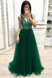 A-Linie V-Ausschnitt Perlenbesetztes Ballkleid Langes grünes Tüll-Ballkleid PM200
