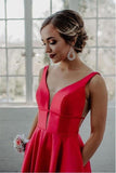 A-line V neck Blue Satin Long Prom/Formal Dress with Pockets PSK055 - Pgmdress