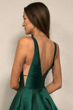 A-line V neck Blue Satin Long Prom/Formal Dress with Pockets PSK055 - Pgmdress