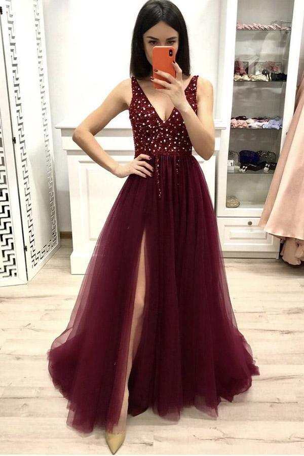 A Line V Neck Burgundy Prom Dress Beaded Split Evening Dress PSK140 US16 / Burgundy A Line V Neck Burgundy Prom Dress Beaded Split Evening Dress PSK140 US16 / Burgundy
