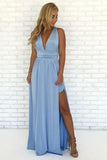 A-Linie, V-Ausschnitt, überkreuzte Träger, himmelblaues Chiffon-Abschlussballkleid mit Schlitz PG997
