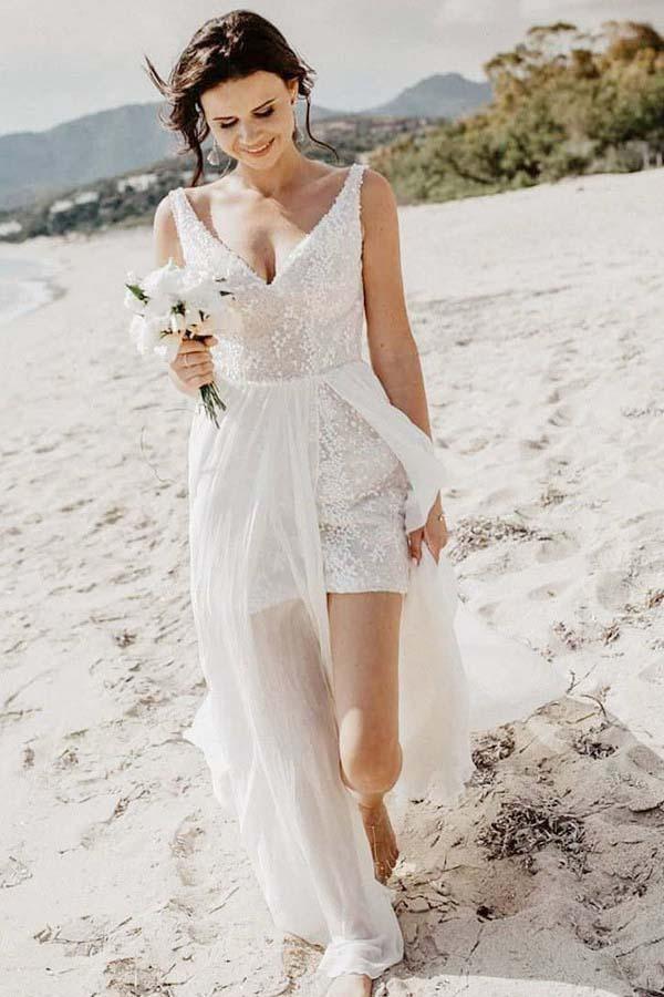 A-Line V-Neck Detachable Train Long Beach Wedding Dress US2 / White