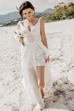 A-Line V-Neck Detachable Train Long Beach Wedding Dress WD264