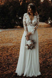 A-Line V-Neck Floor Length Chiffon Wedding Dress with Appliques Flowers WD340 - Pgmdress