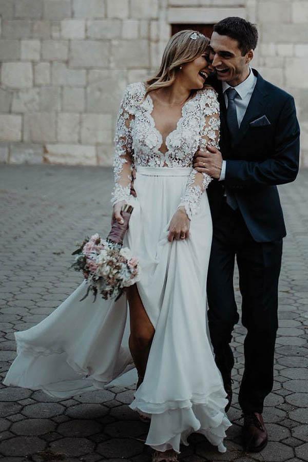 A-Line Chiffon Long Sleeve Wedding Dress with Flowers Appliques WD340 US10 / Ivory A-Line Chiffon Long Sleeve Wedding Dress with Flowers Appliques WD340 US10 / Ivory