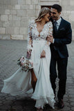 A-Line Chiffon Long Sleeve Wedding Dress With Flowers Appliques WD340