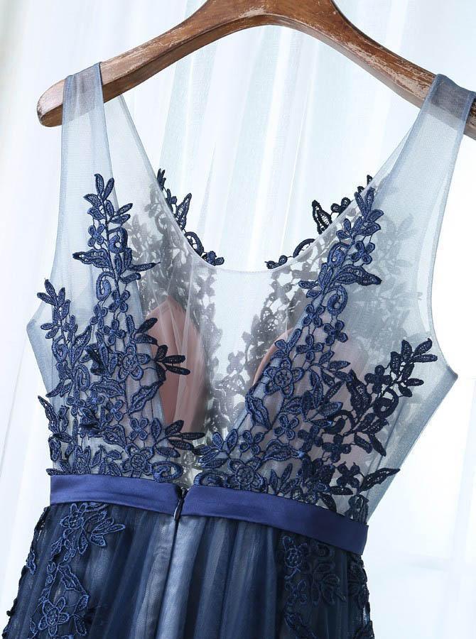 A-Line V-Neck Floor-Length Navy Blue Tulle Prom Dress with Appliques PSK102 - Pgmdress