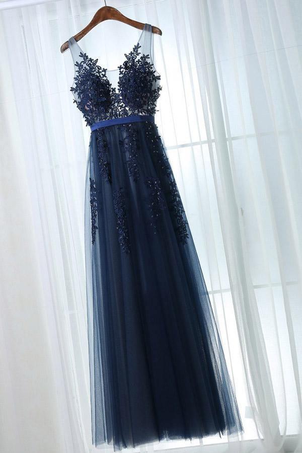 A-Line V-Neck Navy Blue Tulle Prom Dress with Appliques PSK102  Pgmdress