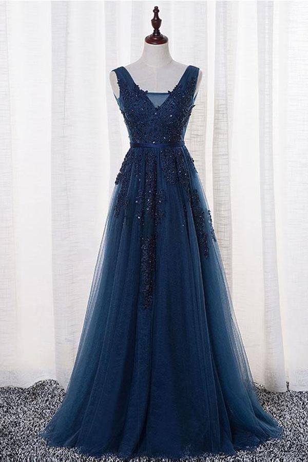 A-Line V-neck Floor length Tulle Prom/Evening Dress With Appliques PSK069 - Pgmdress