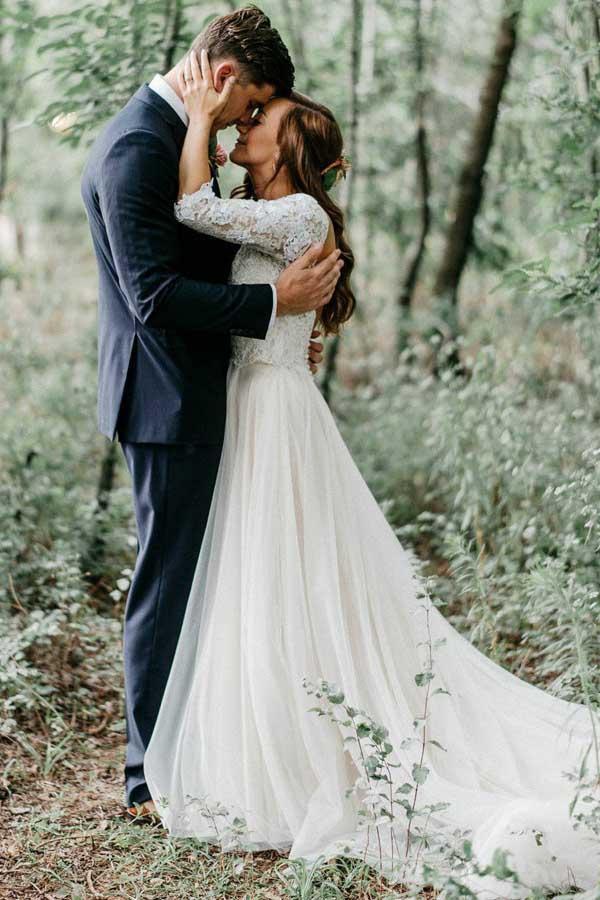 A-Line V-Neck Half Sleeves Backless Tulle Wedding Dress with Appliques WD370 - Pgmdress