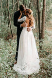 A-Line V-Neck Half Sleeves Backless Tulle Wedding Dress with Appliques WD370 - Pgmdress