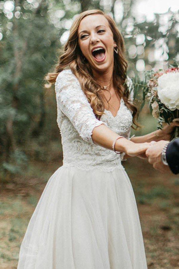 A-Line V-Neck Half Sleeves Backless Tulle Wedding Dress with Appliques WD370 - Pgmdress