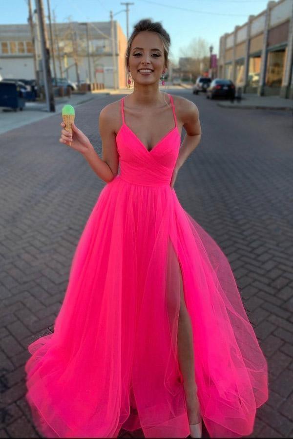 A Line V Neck Hot Pink Tulle Prom Dresses Formal Dresses-Pgmdress