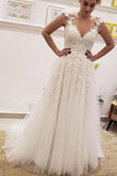 Une ligne col en V dentelle ivoire fée longues robes de mariée avec appliques WD382