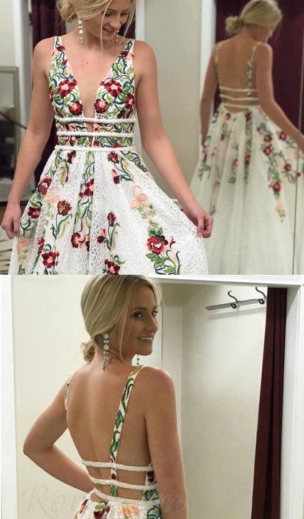 A Line V Neck Ivory Lace Prom Dresses with Embroidery Printed Evening Dresse PG901 - Pgmdress