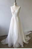 A-line V Neck Ivory Prom Dress Wedding Dress With Court Train  PM233