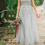 A-line V neck Lace Appliques Tulle Prom Dress Evening Dress PG368 - Pgmdress