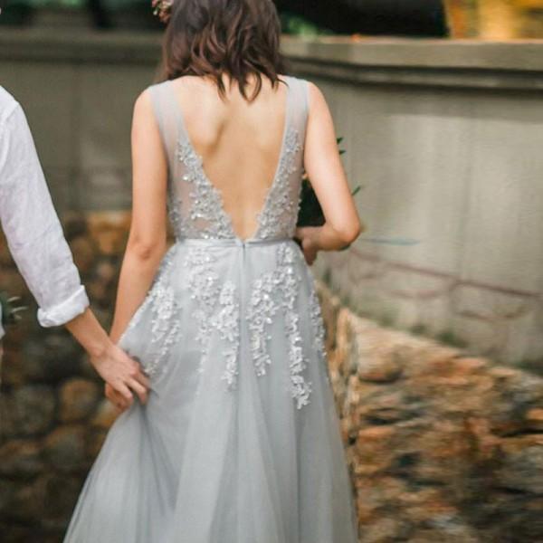 A-line V neck Lace Appliques Tulle Prom Dress Evening Dress PG368 - Pgmdress