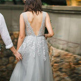 A-line V neck Lace Appliques Tulle Prom Dress Evening Dress PG368 - Pgmdress