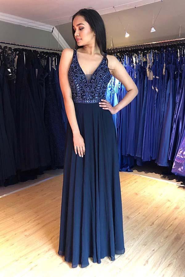 A-Line V-Neck Lace Up Navy Blue Long Prom Dress with Beading PG954 US6 / Custom Color A-Line V-Neck Lace Up Navy Blue Long Prom Dress with Beading PG954 US6 / Custom Color