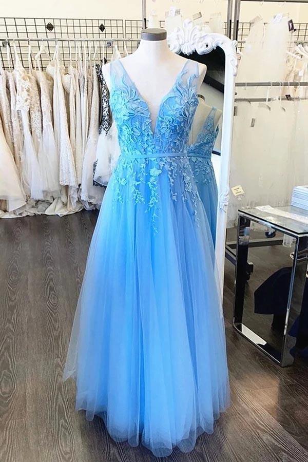 A Line V Neck Light Blue Lace Tulle Prom Dress Evening Dress PSK031 US16 / Light Blue A Line V Neck Light Blue Lace Tulle Prom Dress Evening Dress PSK031 US16 / Light Blue