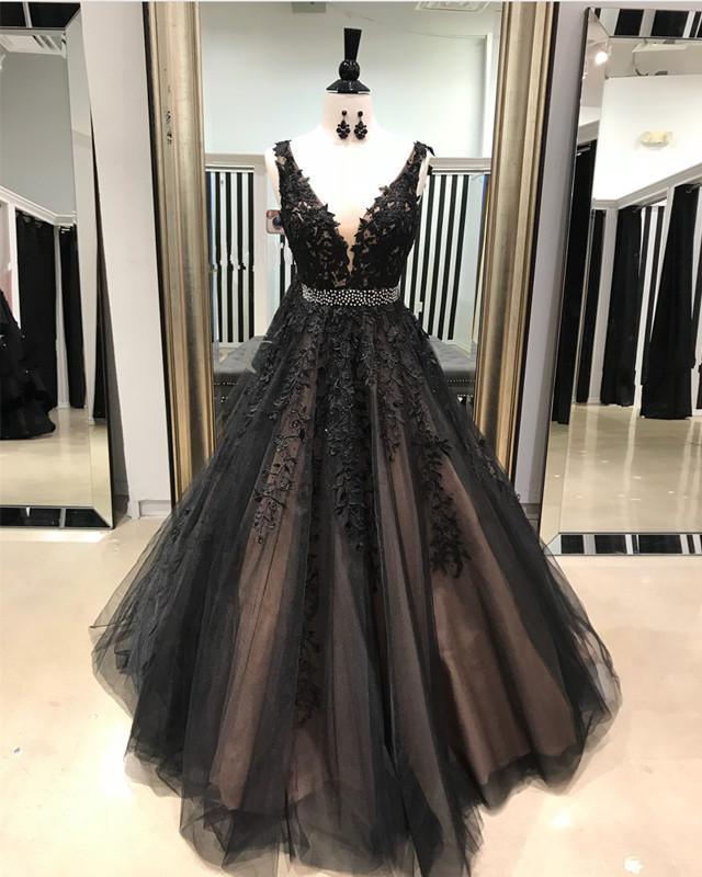 A-line V Neck Princess Long Prom Dress With Beading Belt WD207 US14 / Black A-line V Neck Princess Long Prom Dress With Beading Belt WD207 US14 / Black