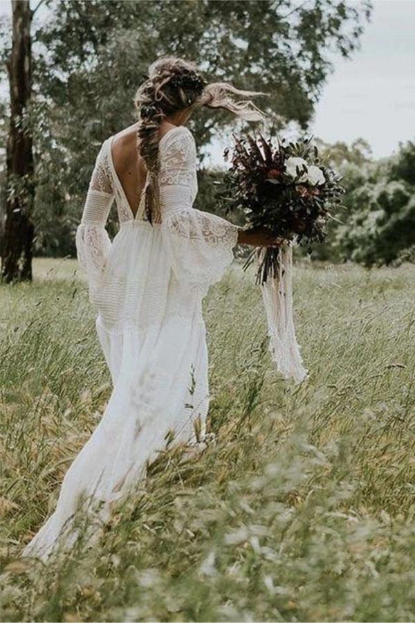A-line V neck Long Sleeve Wedding Dress Rustic Wedding Dress WD516 US16 / Ivory A-line V neck Long Sleeve Wedding Dress Rustic Wedding Dress WD516 US16 / Ivory