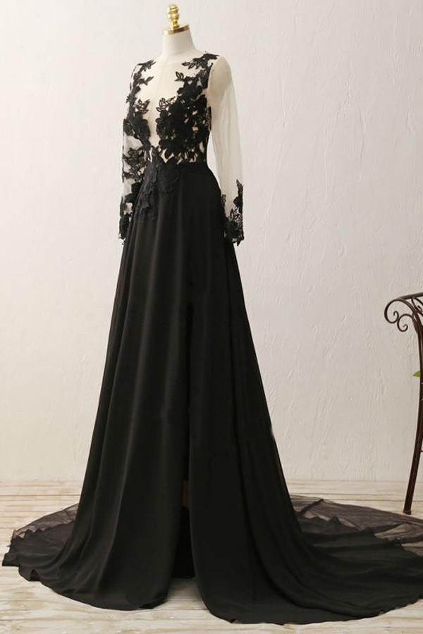 A-line Appliques Black Long Sleeves Prom Dress Evening Gown PG320-Pgmdress