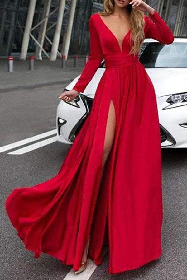 A-Line V-Neck Long Sleeves Dark Green Prom Dress With Split PSK082 US2 / Red A-Line V-Neck Long Sleeves Dark Green Prom Dress With Split PSK082 US2 / Red